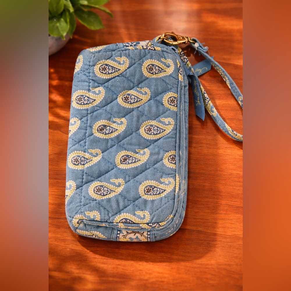 Vera Bradley Blue Quilted Paisley Wristlet with Yellow Accents